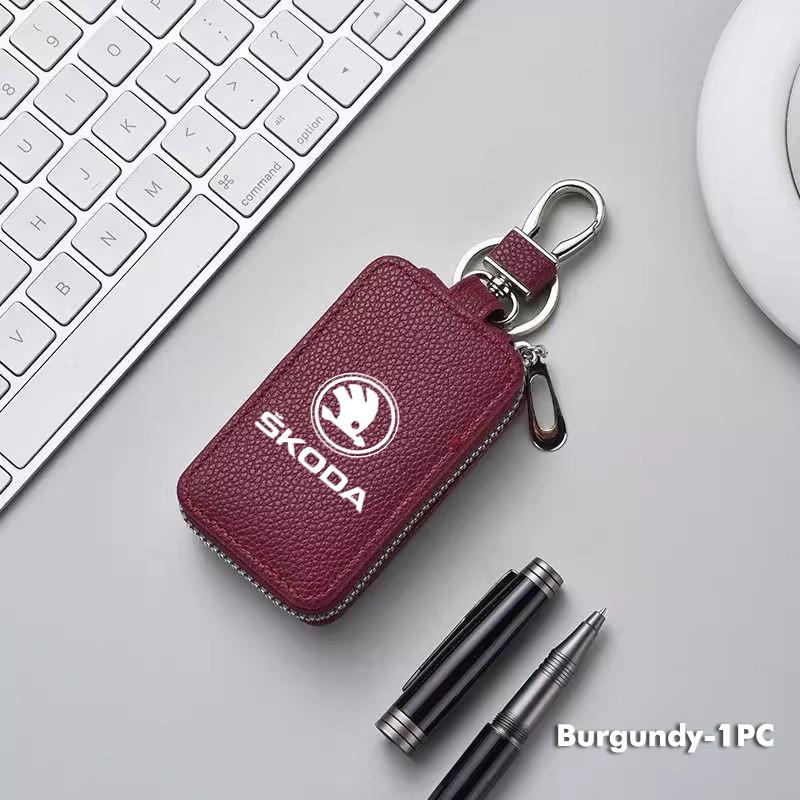 For Skoda Key Case Multifunctional Key Case Leather Keybag Zipper Keychain Wallet Rapid Octavia Derivative Enyaq-iV VisionS Yeti