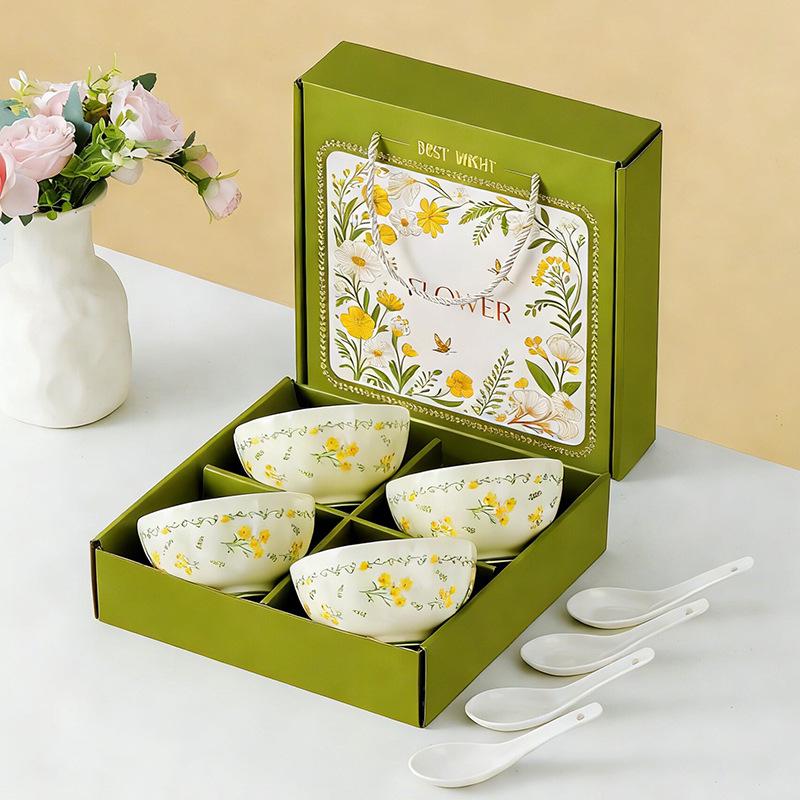 Ceramic Tableware Set with Bowls, Chopsticks & Spoons - Gift Box for Housewarming & Events