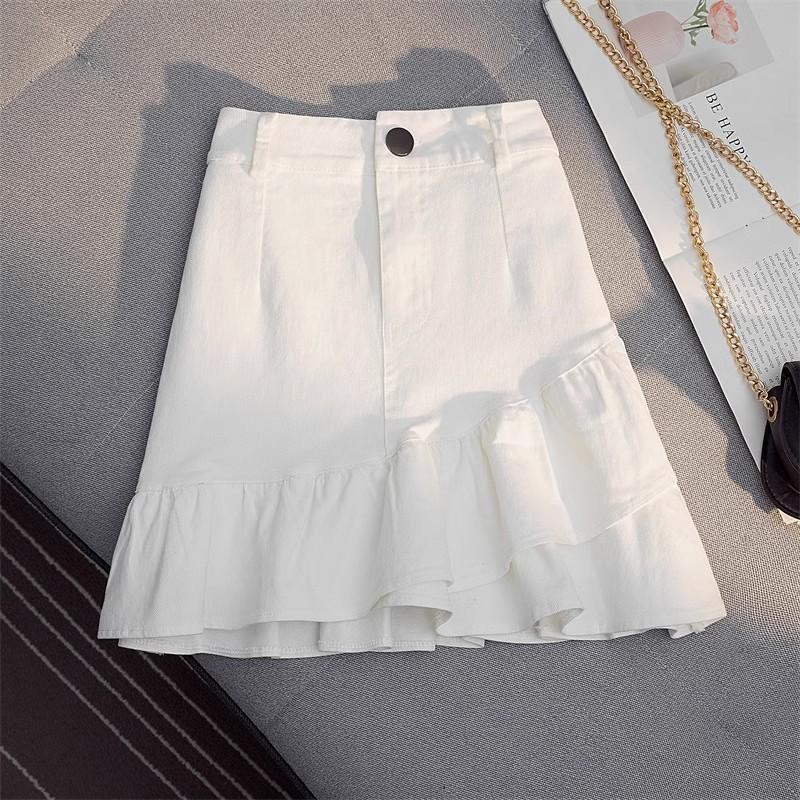 

2026 Spring/Summer Women s White Denim Irregular Ruffle A-line High Waist Short Skirt XS (70-85 jin)