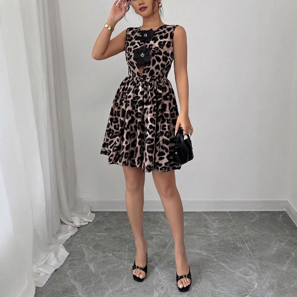Women Leopard Print 3D Floral Decor Dress Summer Women Mature Style French Retro Patchwork Slim Sexy Elegant Women Maxi Dress