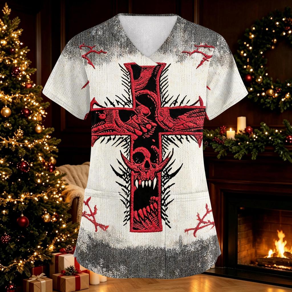 Women's Halloween V-Neck Short Sleeve Printed Caregiver Uniform Top with Pockets