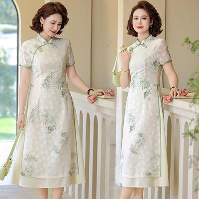 Mid-length Summer Printed Cheongsam for Middle-aged Women