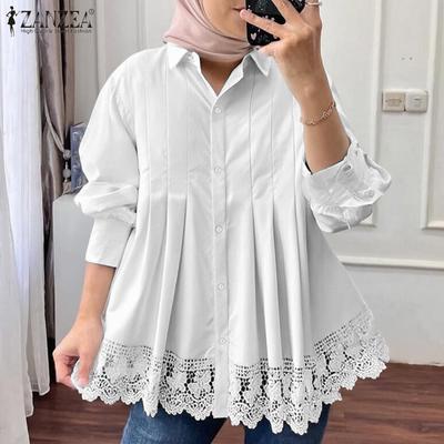 Women Turn Down Collar Long Sleeve Lace Crochet Patchwork Blouse