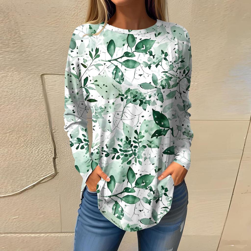 Women's Fashion Casual Round Neck Floral Long Sleeve T-shirt Pullover Long Sleeve Top