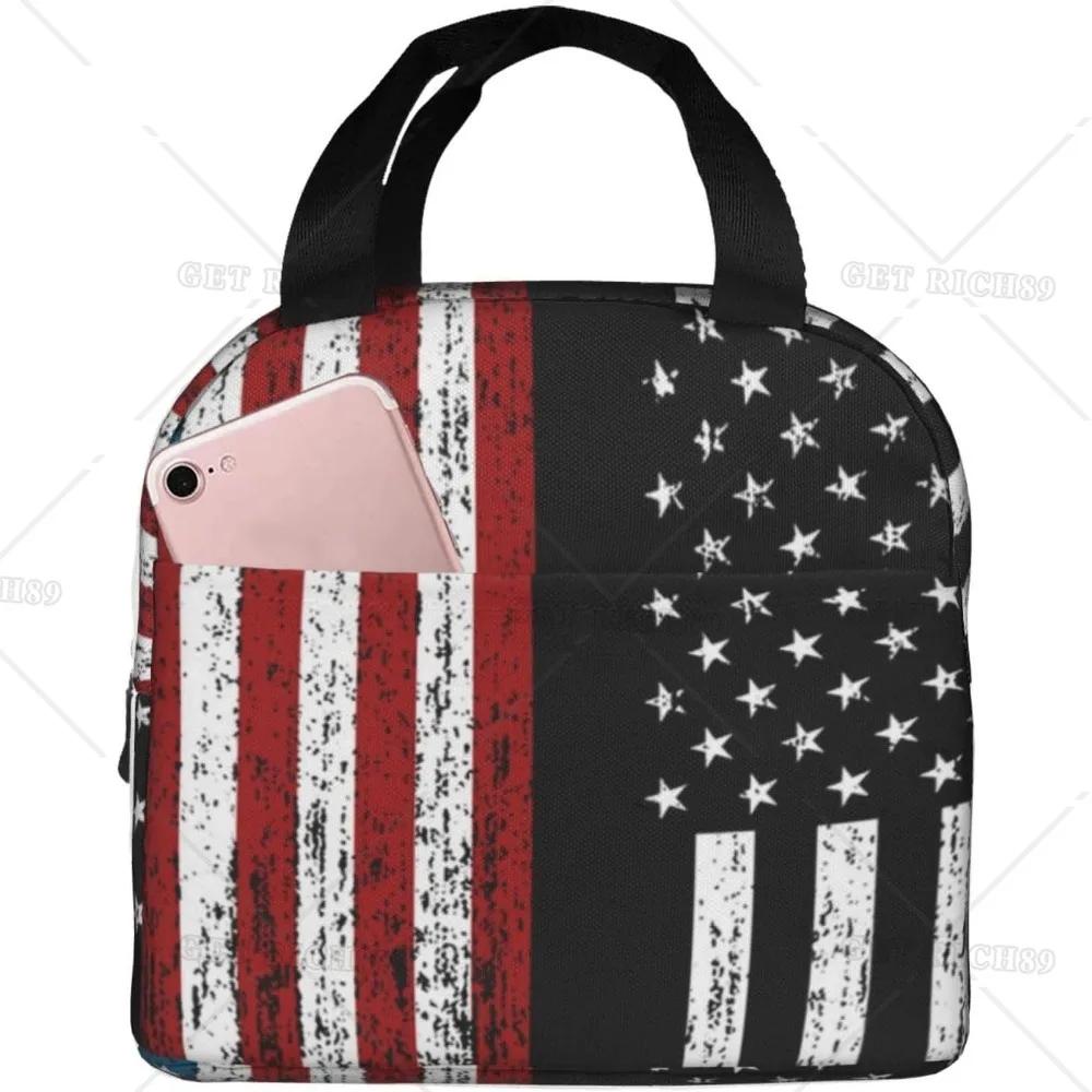 American Usa Flag Lunch Tote Bag for Women Men Reusable Insulated Cooler Lunch Box Container with Pocket for Work Office Trip