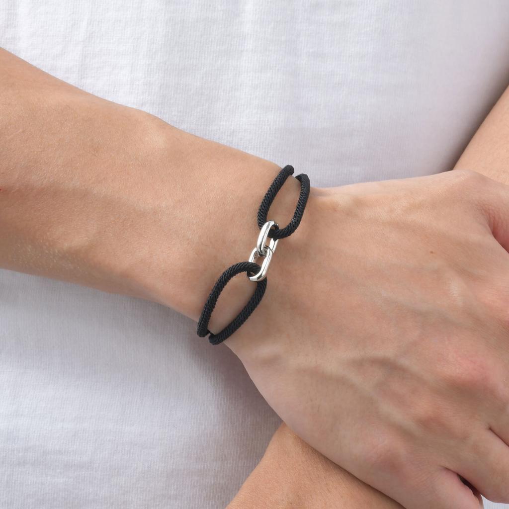 Black Milan Rope Bracelet for Men,Stainless Steel Double Ring Adjustable Bracelet,Trendy Jewelry Gift