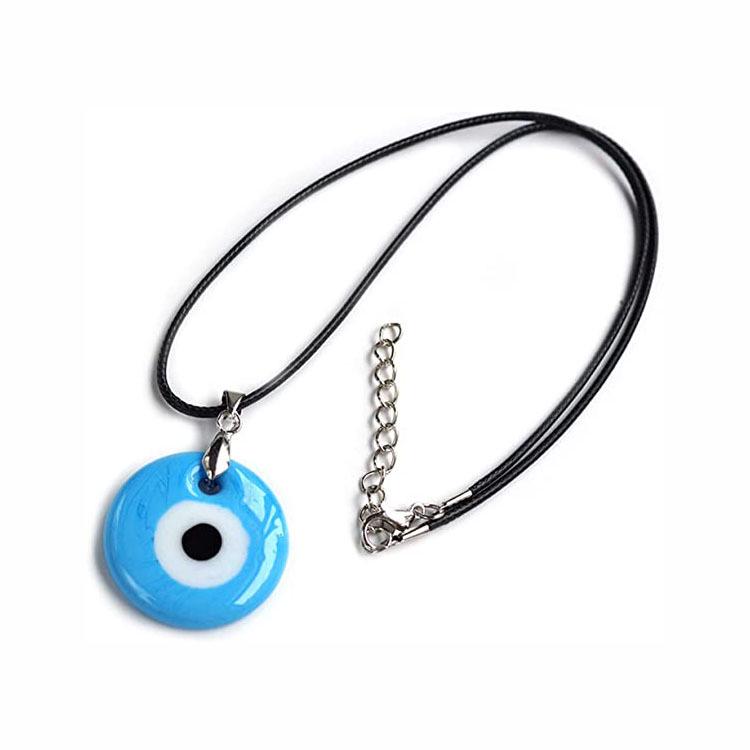 European & American Pink Wax Rope Necklace with Turkish Blue Evil Eye Pendant
