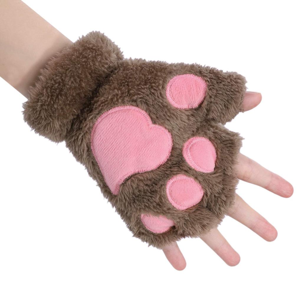 cat paw gloves for fall and winter Perfect for or cat Perfect for school cultural and other Khaki Cute, fluffy, half-finger cosplay. Halloween,