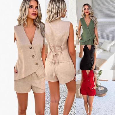 European & American Summer Fashion: V-Neck Irregular Vest and Shorts Set