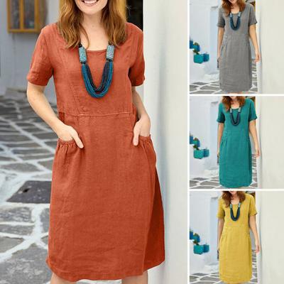 Women Dress O Neck Solid Color Knee Length Loose Short Sleeves Side Pockets A-line