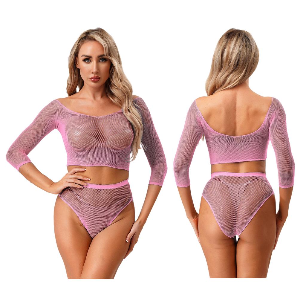 Sexy Women Lingerie Fishnet Top Briefs Set See Through Bikini Cover Couples Role Play Costume Tempting Outfit
