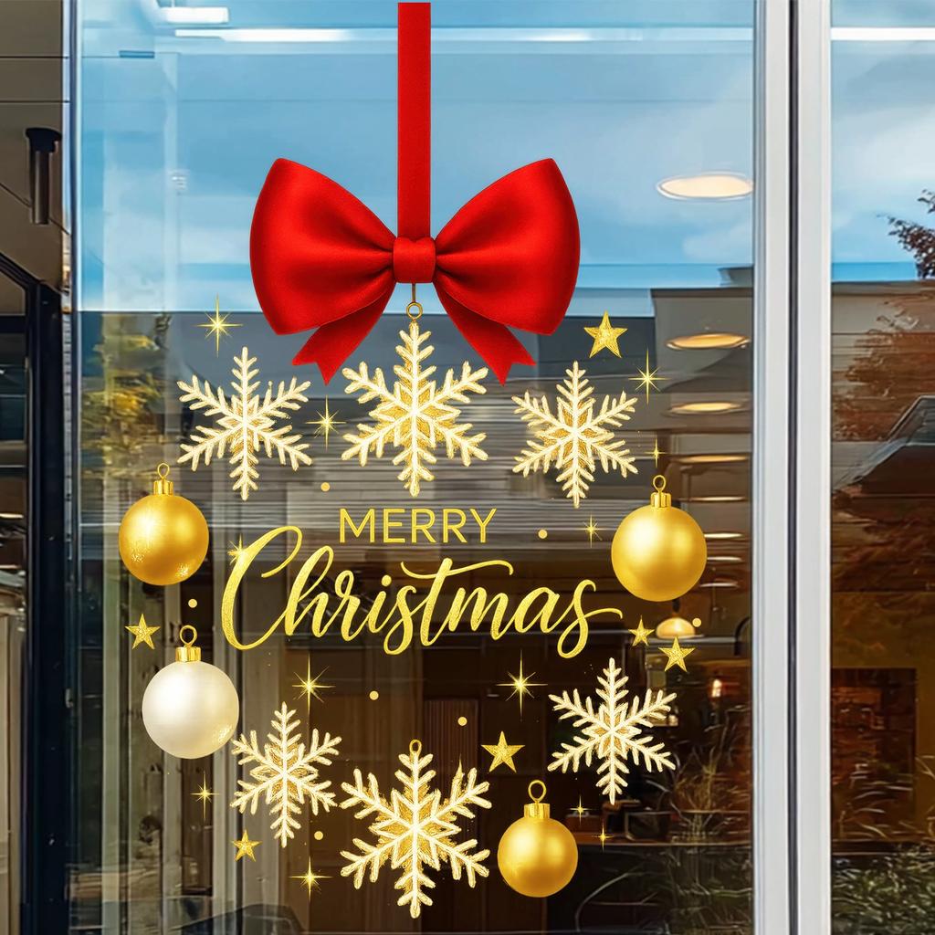 Christmas Stickers Gold Snowflake Static Cling Red Bow Window Decals Star Store Glass Decoration