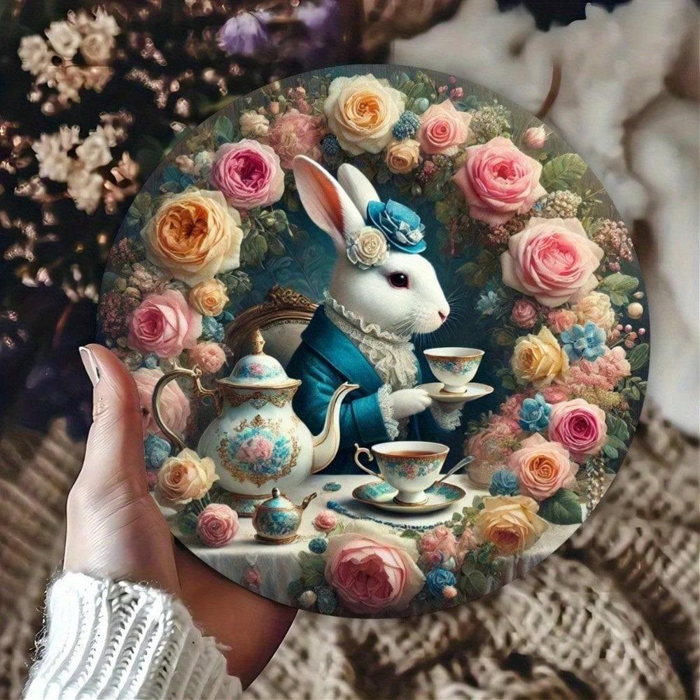 Vintage Rabbit Tea Time Metal Sign, Rustic Round Tin Plate Wall Art Decor for Kitchen Cafe Garden 8x8 Inch