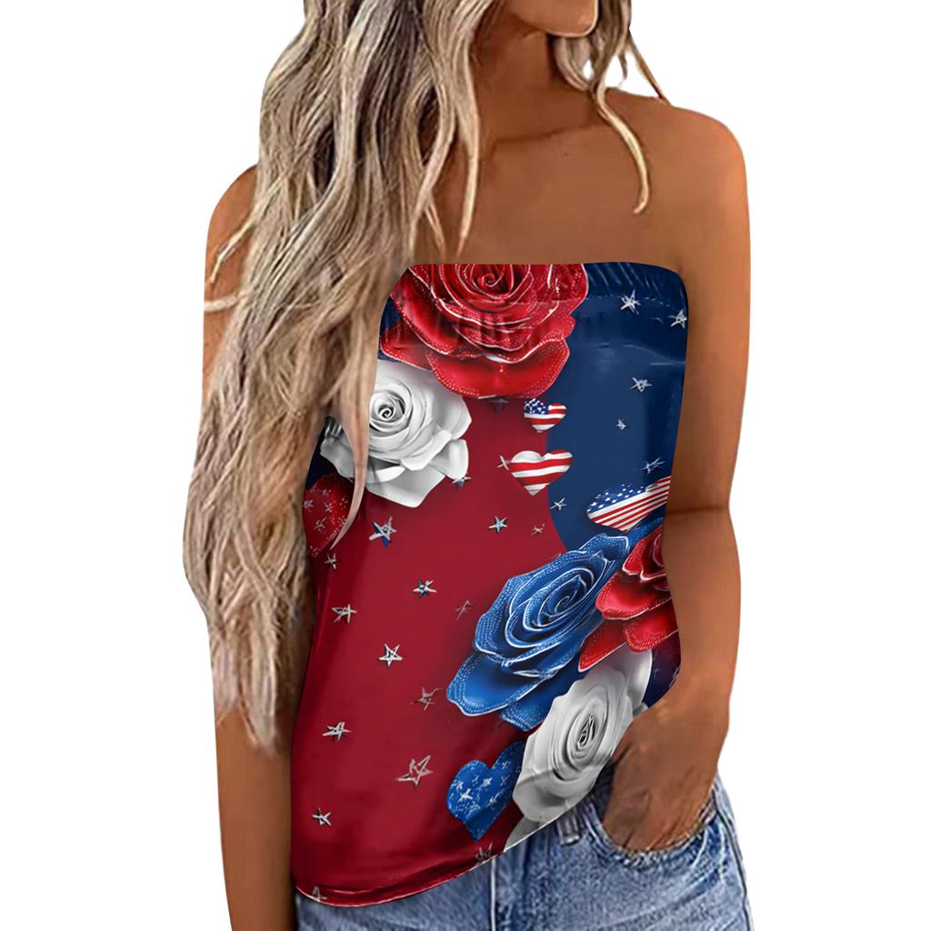 Women's Summer Sexy Strapless Off-Shoulder Elastic Band Design Independence Day Print Top