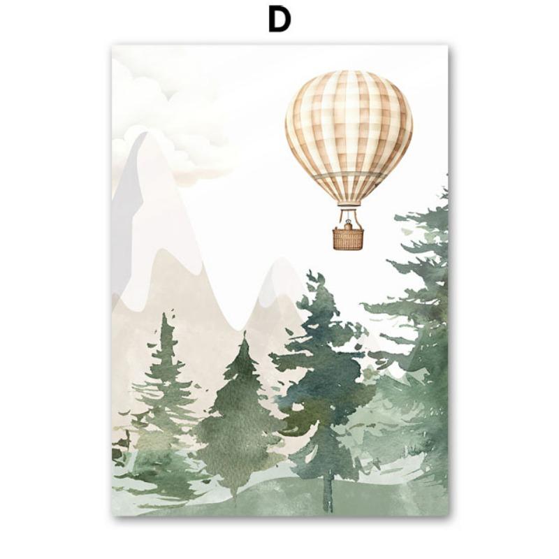 Ursulet Balon cu Aer Cald Avion Pădure Artă de Perete pentru Camera Copiilor Pictură pe Pânză Postere Imprimeuri Personalizate cu Nume Imagini Decor Camera Bebelusilor Copiilor