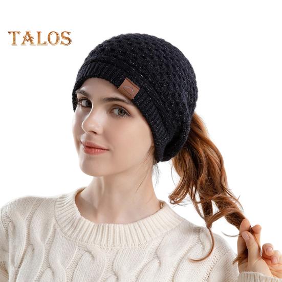 

Женская шапка, вязанная, плотная, с отверстием для хвоста, однотонная, сохраняющая тепло, эластичная, для защиты ушей, для кемпинга, путешествий, катания на коньках, головной убор чёрный