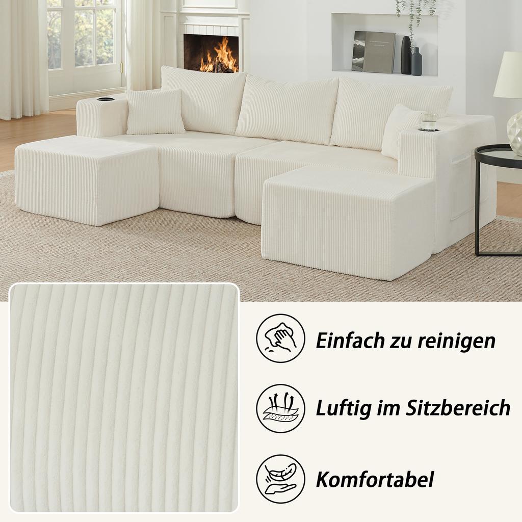 3-Seater Modular Corner Sofa, with Movable Ottomans, Soft Corduroy Fabric, Cup Holder, for Living Room, Hotels and Rental Apartments, Beige