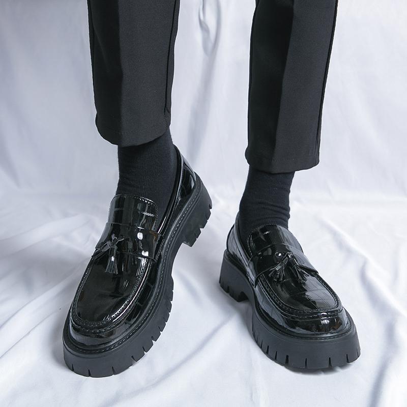 Fashion Brand Thick Bottom Black Outdoor Shoes Outsole Patent Leather Work Shoes Casual Tassel Oxford Shoes Slip On Shoes Big Size 38-46