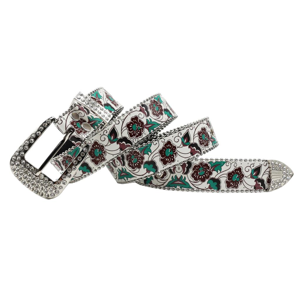 Rhinestone Belt Printed Brown Flower PU Printed Belt Design Feel Pin Buckle Belt
