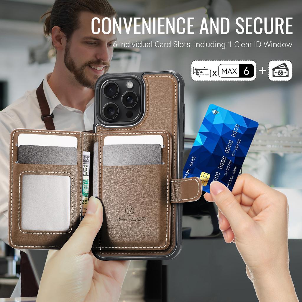 For iPhone 16 Pro Case JEEHOOD J09 RFID Blocking Card Holder Leather Back Phone Cover Compatible with MagSafe