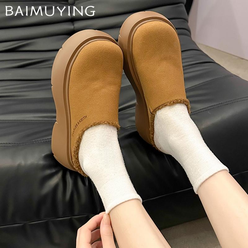 Wildleder Plateau Damen Baumwollpantoffeln Mittelhohe Absätze Designer Pantoletten Schuhe Neue Marke 2025 Trend Winter Warm Gehen Schnee-Stiefel für Damen