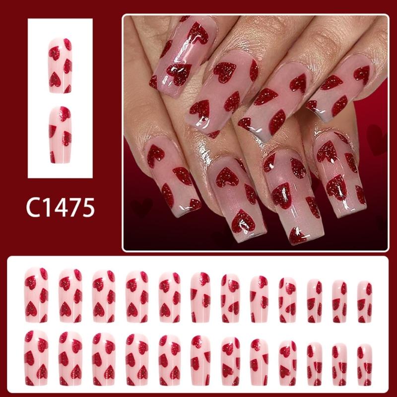 24PCS Shimmering Red Heart Press On Nail Medium Coffin Glossy Finish ABS Material Valentines Party Essential