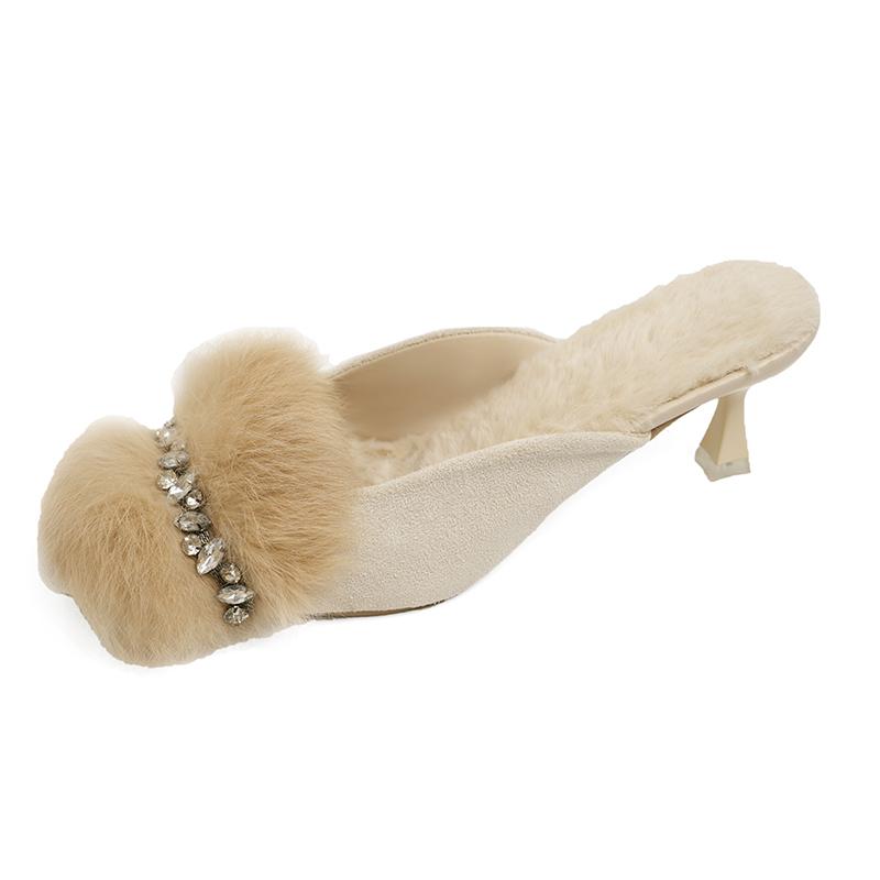 Baotou Slippers Autumn New Pointed Toe Shallow Suede Rhinestone Plush Non-slip High Heels