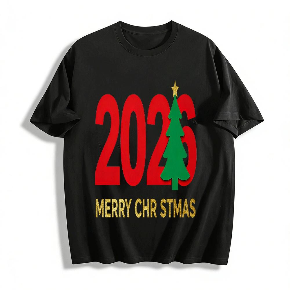 Merry Christmas 2026 Tree Print Casual Holiday Top Pure cotton T-shirt XXS