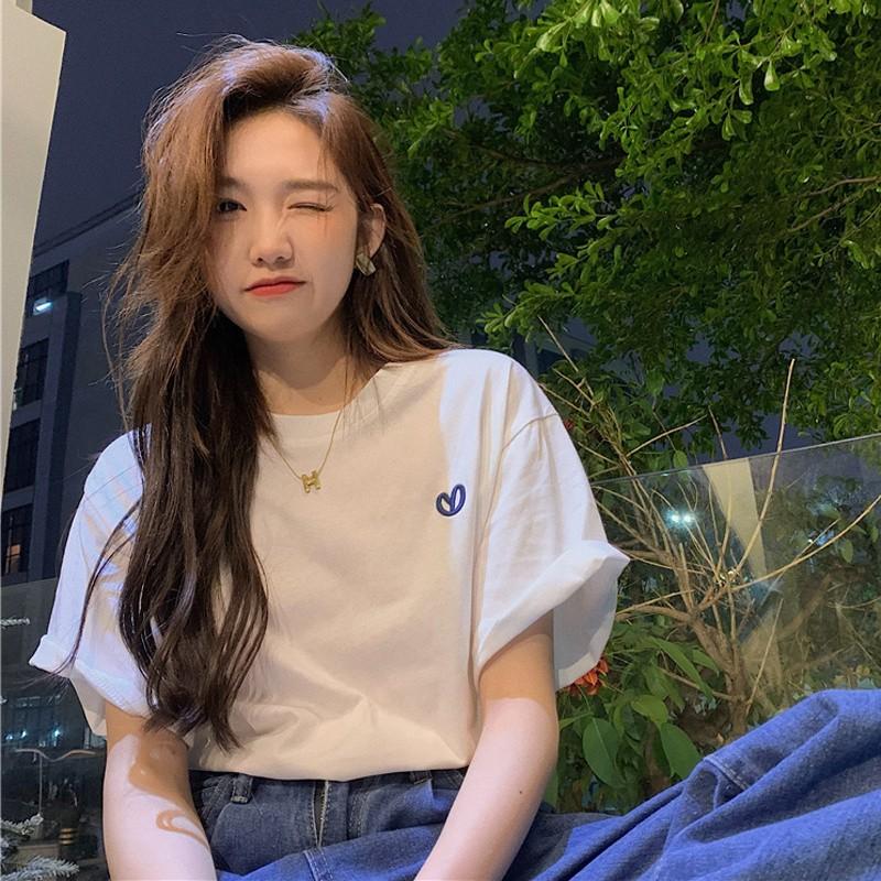 

Simple cotton bottoming shirt with medium and long inside 2025 new front shoulder short-sleeved T-shirt women s versatile crew neck half-sleeved S