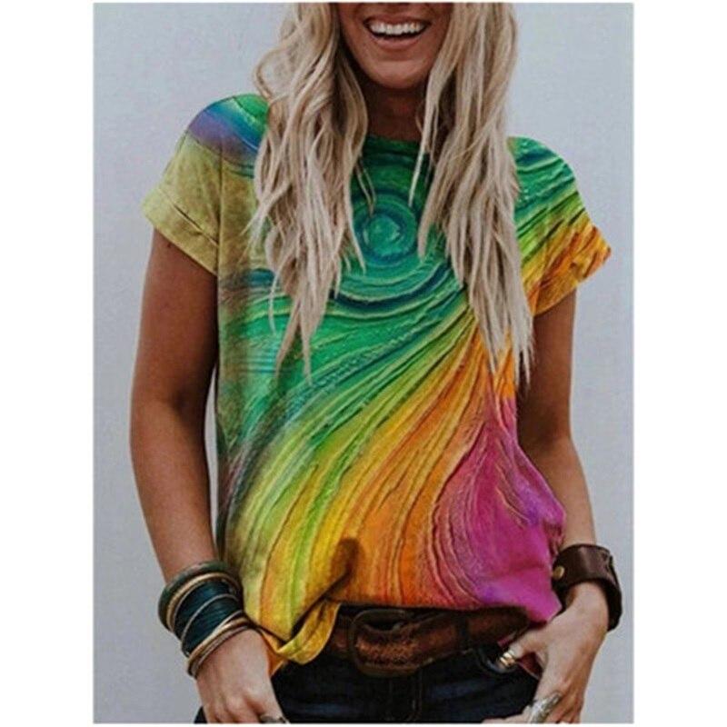 

Женская летняя футболка тренд красочный принт ретро мода футболки с коротким рукавом повседневные принтованные топы 4XL зелёный