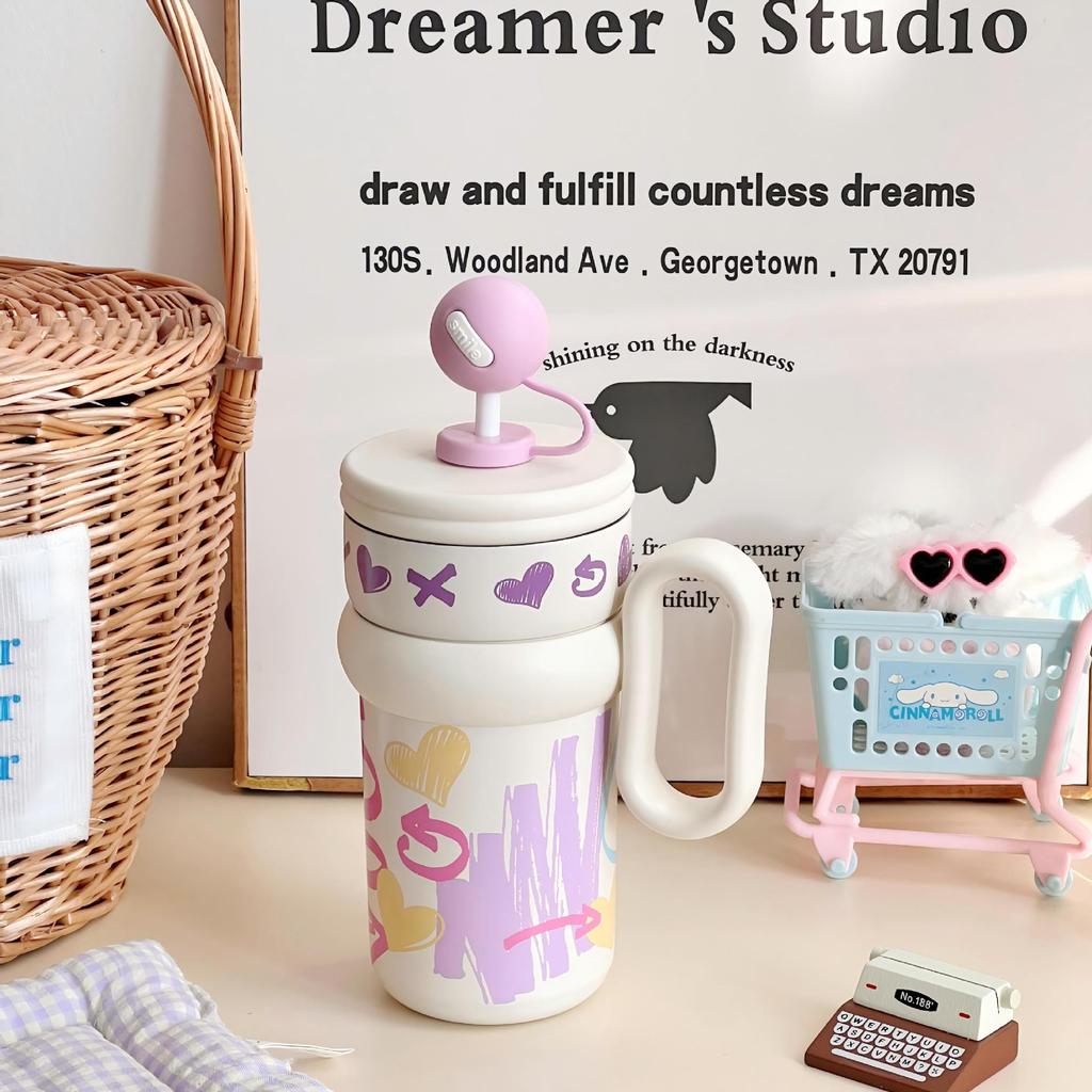 Cartoon Style Insulation Cup For Girls With Large Capacity And Builtin Straw For Home Use