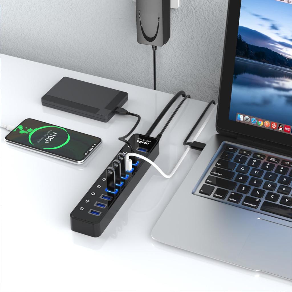 Atolla USB Hub with Power USB 5Gbps Data USB Independent AC Adapter Compatible with Pro and Other Laptop 3.0 Supply, 10-Port Self-Powered Hub,