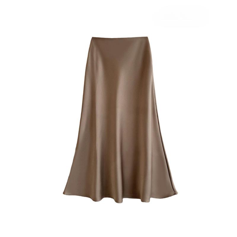 Satin High Waisted Midi Skirts for Women Hidden Elasticized Waistband A Line Flared Skirt Women's Spring Summer Silk Cocktail Flowy A-Line Skirts