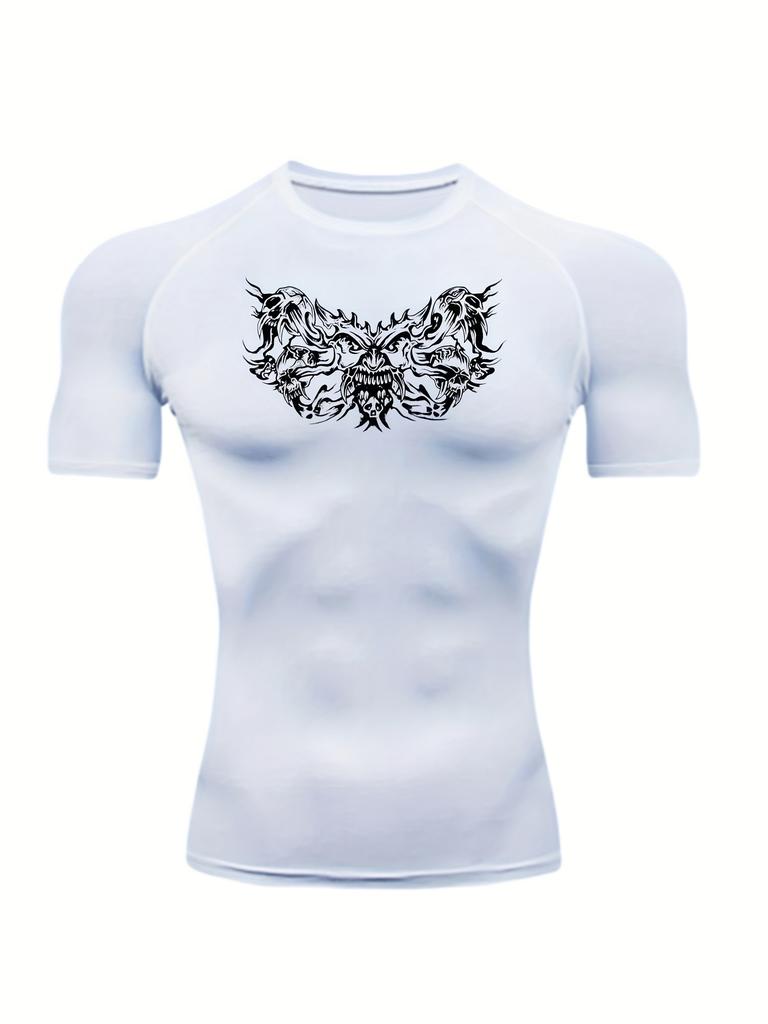 Men's Chest Tattoo-Inspired Skull Compression Shirt High Elasticity Moisture Wicking Bodybuilding Sportswear