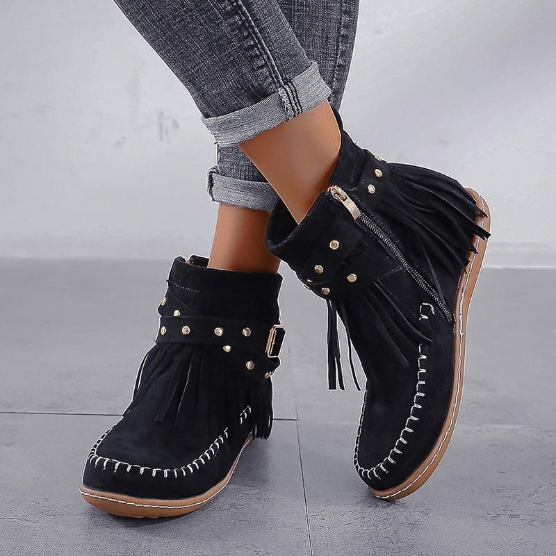 Women's Fashion Retro Boots Winter Ankle Boots Flat Boots Tassel Ladies Boots Plus Size 35-43