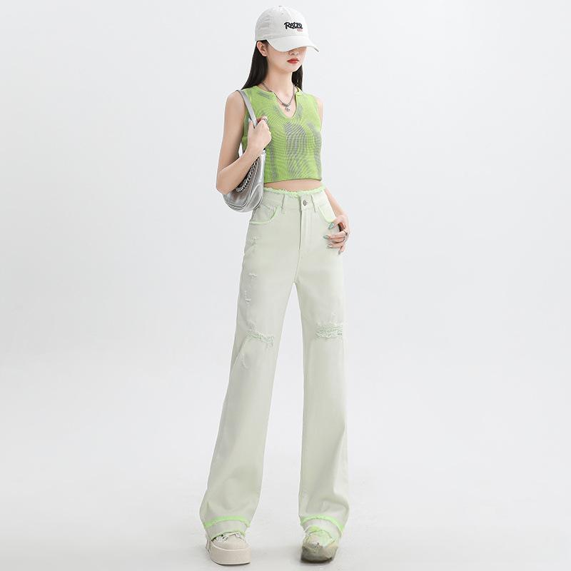 

Контрастные джинсы с рваными краями для женщин на лето, ниспадающие узкие широкие брюки, высокая посадка, облегающие, прямые брюки в пол XS