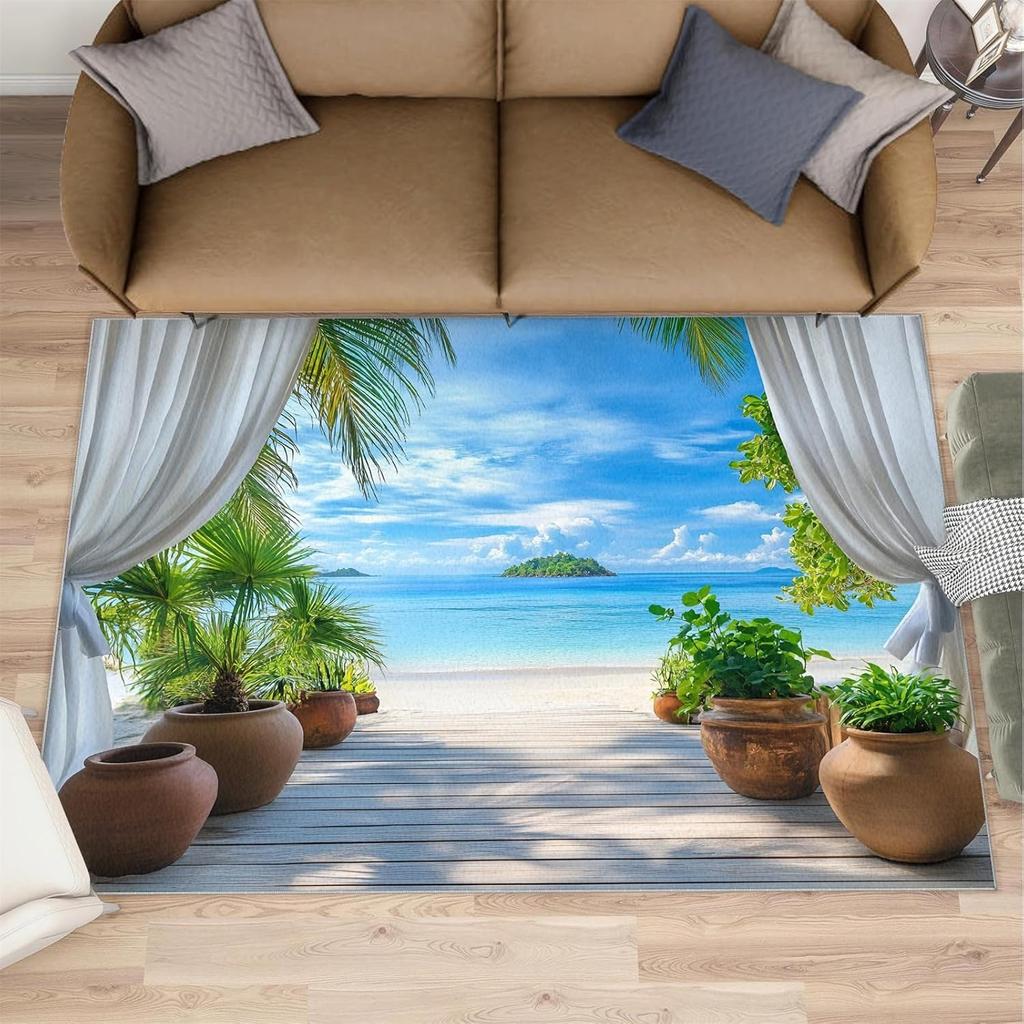 Dolphin Jumping Ocean Wave Print Carpet Nautical Theme Home Decor Rug Absorbent Anti-Slip Living Room Bedroom Hallway Decor Mat