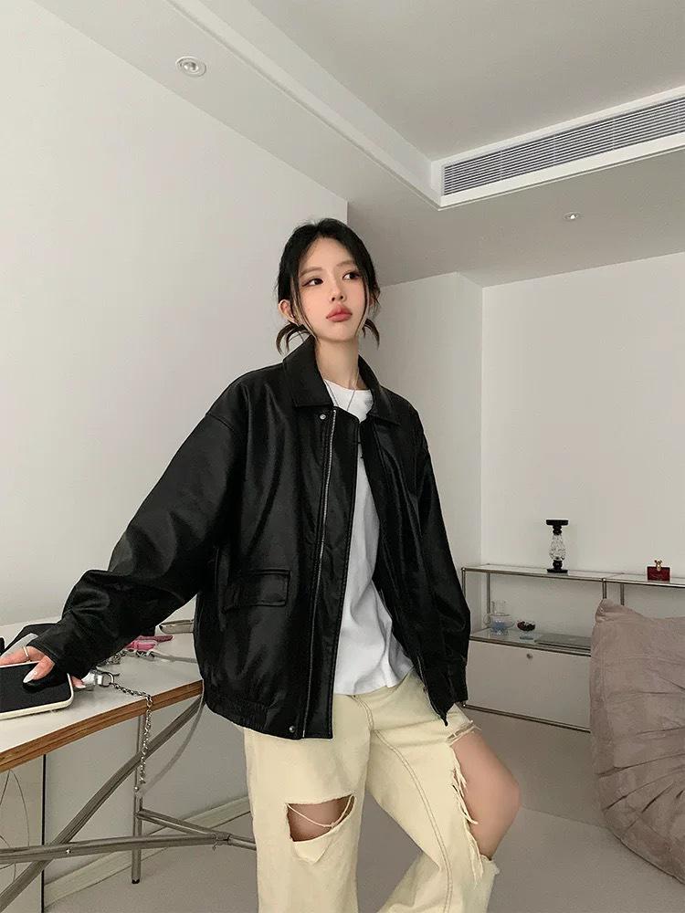 

Женская кожаная куртка в мотоциклетном стиле, 2025 Весна, для миниатюрных, с корейской молнией L коричневый