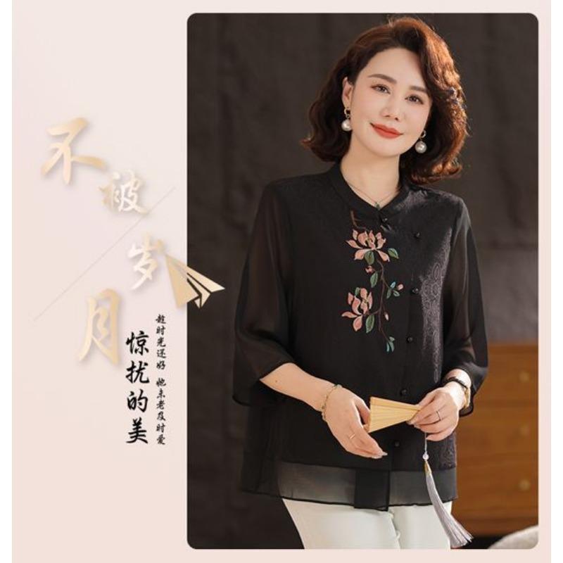 New Chinese-style Mom Spring Chiffon Blouse New Middle-aged and Elderly Women's Summer Suit Lady's Style Top