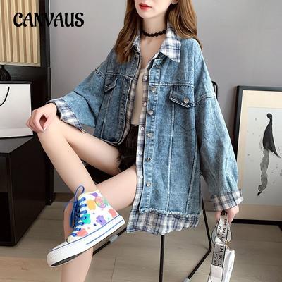 Spring and Autumn Women's Loose Splicing Plaid Bf Denim Jacket Tide