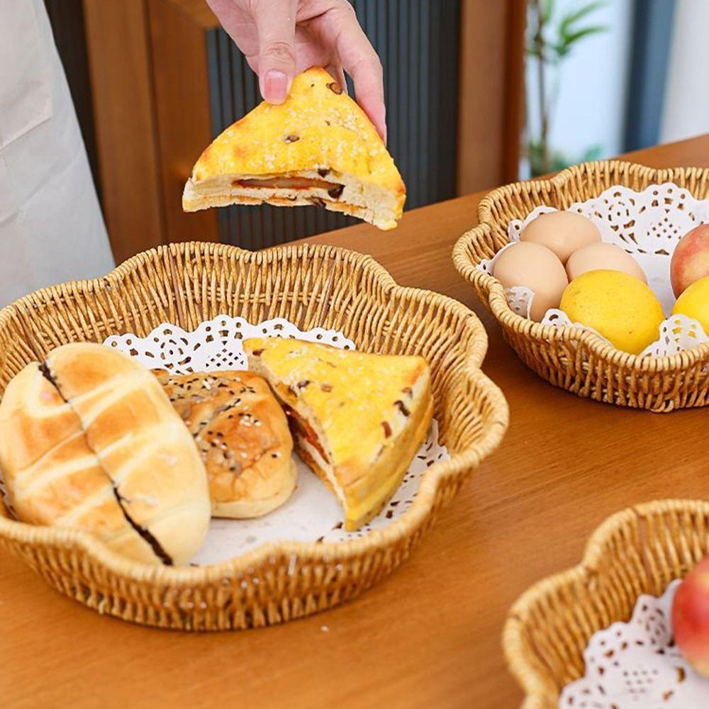 Round Base Imitation Rattan Basket Flower Shape Woven Bread Plate Fruit Serving Tray Living Room