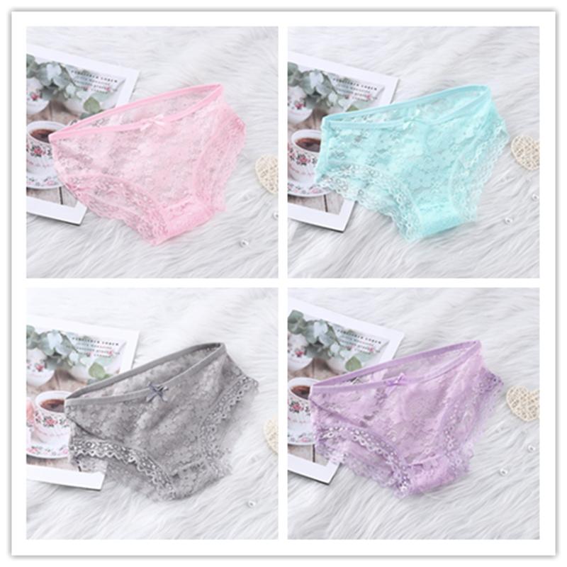 Girls' Sexy Lace Briefs Breathable Underwear with Butterfly Knot Carved Mid Air Waist Knickers Solid Color Women's Triangle Panties
