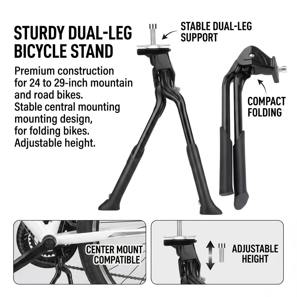 Adjustable Bike Kickstand Center Mount Bicycle Stand Dual Foldable Double Leg Length for 24"-29" Bicycle Kickstand
