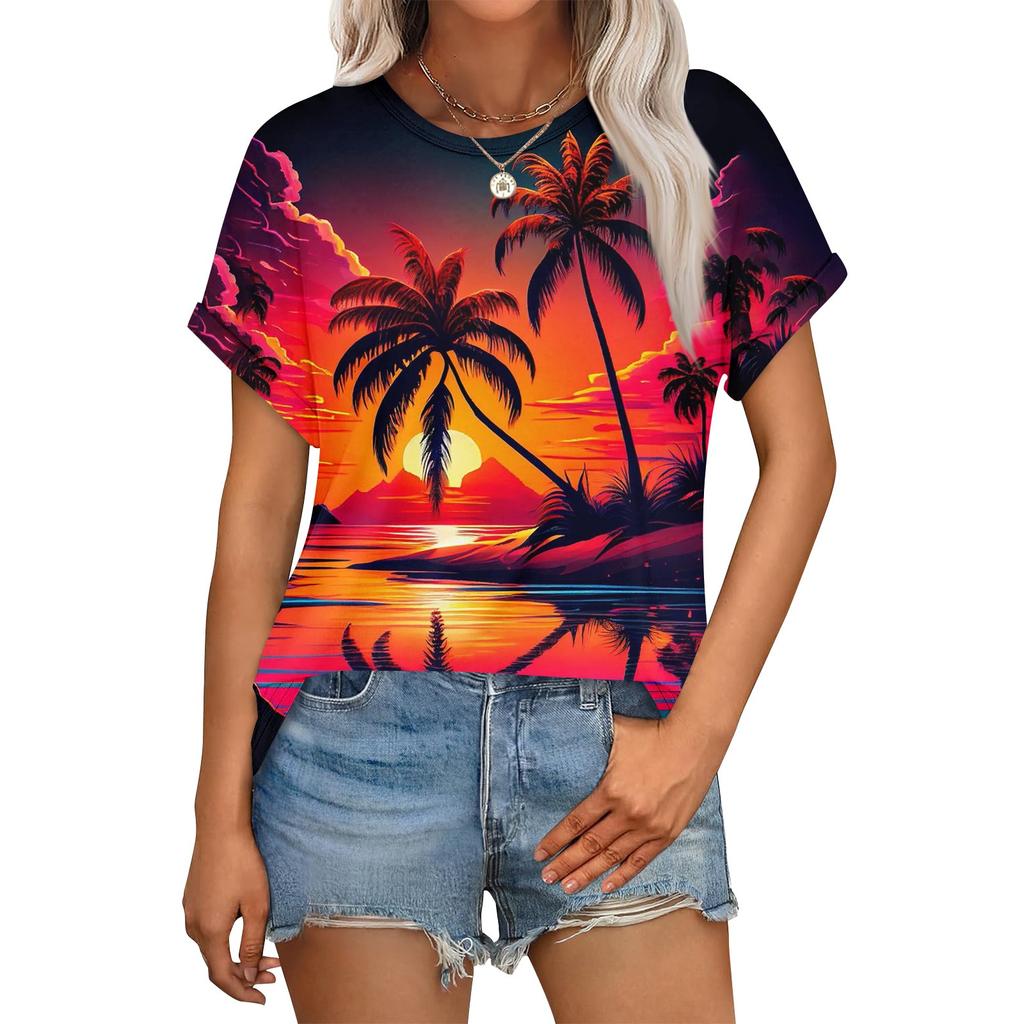 Women's Casual Fashion Round Neck Rolled Hem Short Sleeve Floral Top