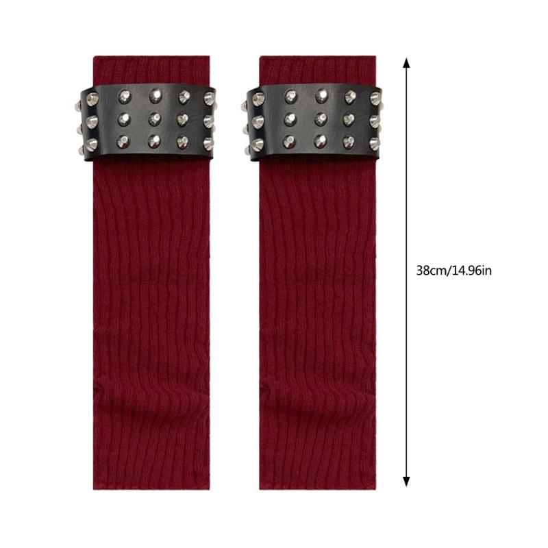 Gothic Punk Ribbed Knit Leg Warmer Sleeve with Metal Rivets Leather Belt Motorcycle Boot Covers Footless Socks for Women