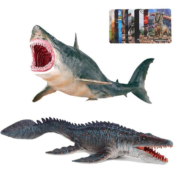 EOIVSH Megalodon & Mosasaurus Realistic Dinosaur Toys Set, Ocean Sea Monster Figures for Party Favors, Collection, Birthday Gifts