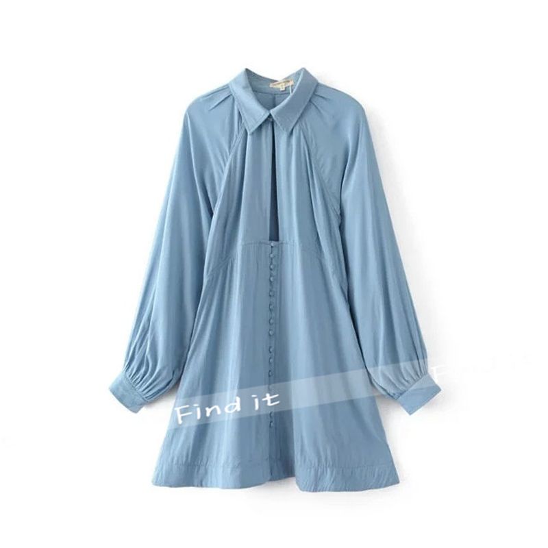 

2-Color FindIt Fashion Vacation Skirt French Romantic Plaid Cotton Sunscreen Long Sleeves Dress Large Deep V Skirt Blue S