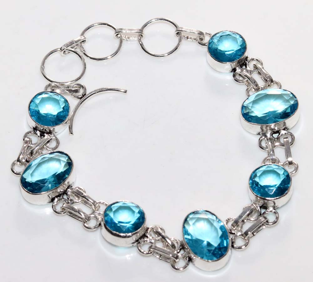 Pretty Blue Topaz 925 Silver Plated Bracelet 9" Birthday Surprise Gift Trendy C9u46