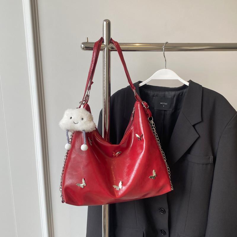 

Trendy Black And Beige Pu Tote Bag With Elegant Butterfly Design For Daily Use Without Pendant бордовий