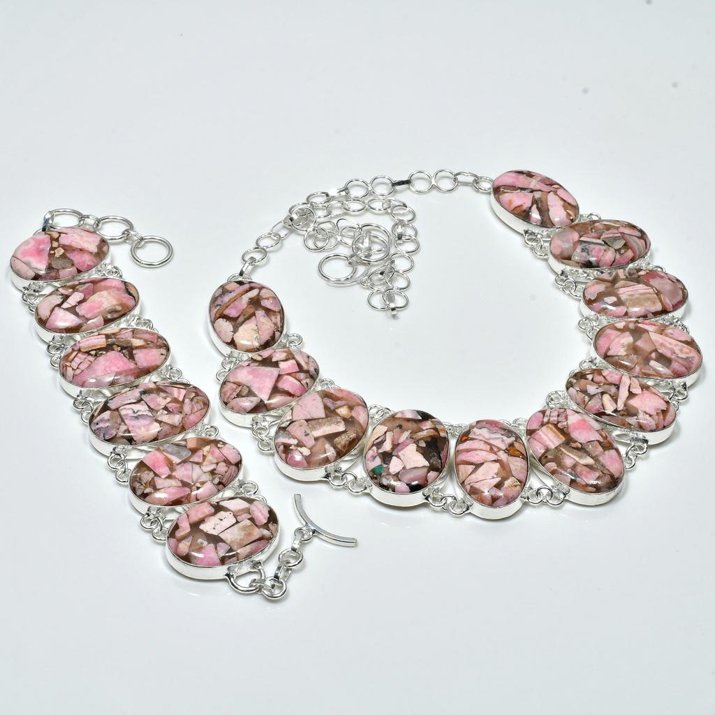 Natural Copper Rhodochrosite Gemstone Handmade 925 Sterling Silver Jewelry Copper Rhodochrosite Neclace Bracelet Set, Antique Jewelry Set, Gifts